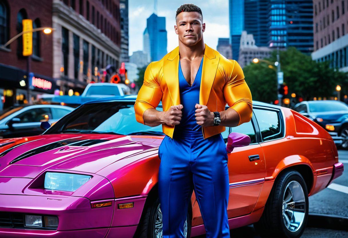 A muscular wrestler in a colorful wrestling outfit stands next to a sleek sports car, with wrestling trophies in the background and an insurance policy rolled up in his hand. The scene has a dynamic, action-packed feel, highlighting the intersection of wrestling and auto insurance. Vivid colors and high contrast enhance the drama, while a cityscape can be seen in the distance. super-realistic. vibrant colors. action-packed.