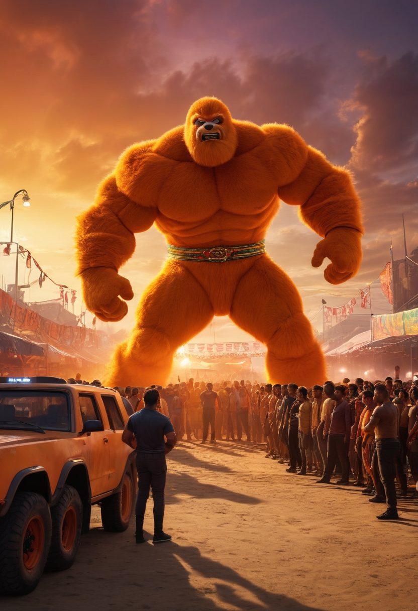 A dynamic scene featuring a wrestling ring surrounded by various vehicles designed for protection, like armored cars and modified trucks. Wrestlers in vibrant costumes are playfully mimicking aggressive poses, while a dramatic sunset casts an orange glow over the arena. The backdrop should reflect an energetic crowd with cheering fans holding colorful banners. The overall mood should convey excitement and the theme of collision and protection. super-realistic. vibrant colors. high contrast.