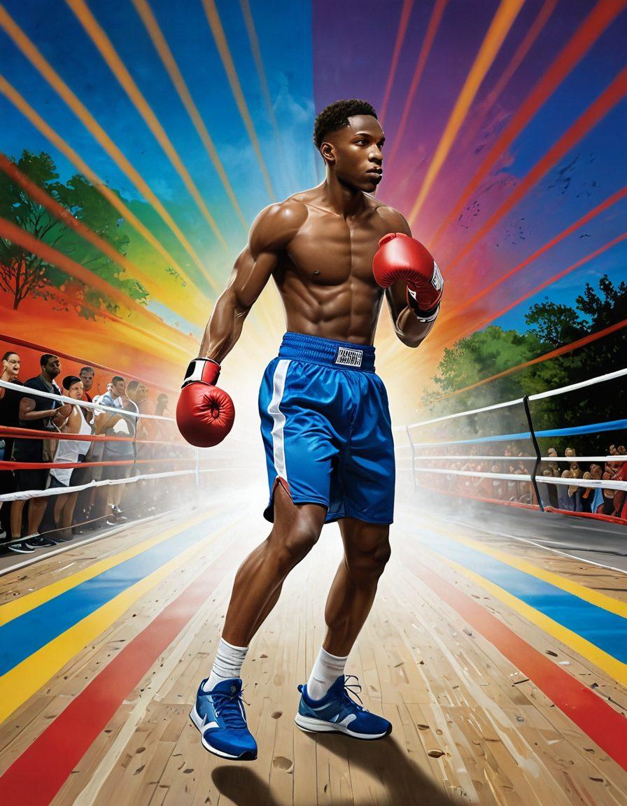 A dynamic scene illustrating an athlete transitioning from a boxing ring to a vibrant road, showcasing the duality of sports. Incorporate elements like boxing gloves and running shoes, merged into a whirlwind of motion, symbolizing strength and speed. The background features a split image of a boxing arena and a scenic road, emphasizing versatility in sports. Include athletes of diverse backgrounds for inclusivity. bright colors. super-realistic.